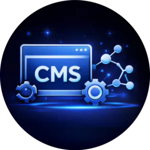 Premium blue emblem featuring a CMS monitor and technical gears showcasing the expert site management of a top tier website design company in Abbotsford BC