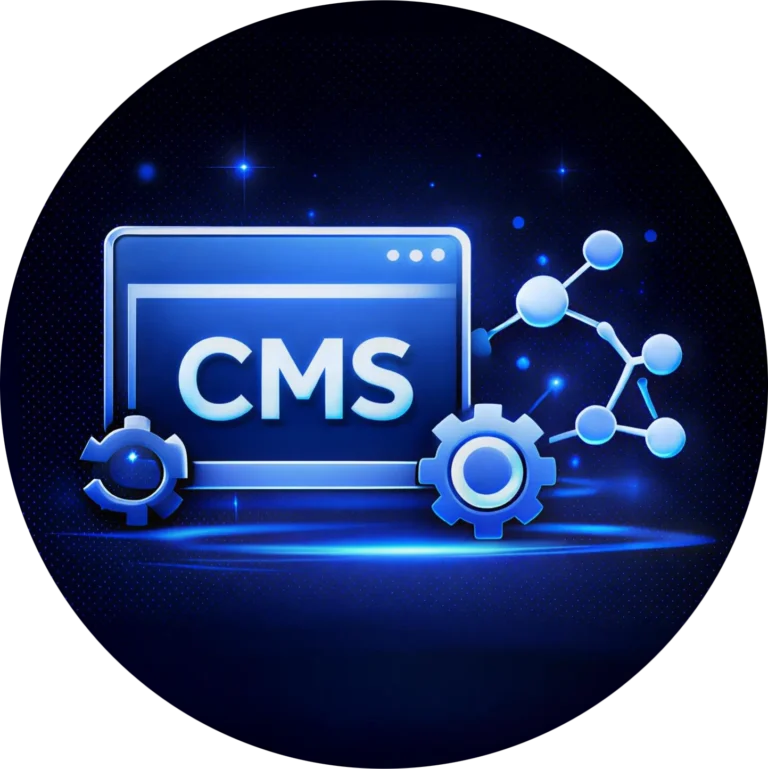 Premium blue emblem featuring a CMS monitor and technical gears showcasing the expert site management of a top tier website design company in Abbotsford BC