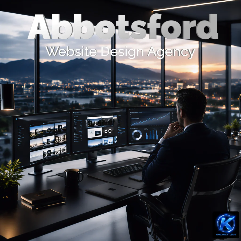 Professional digital strategist at multi-monitor setup in premium Abbotsford studio of The Best Website Design Company in Abbotsford BC, overlooking beautiful city and mountains at sunset