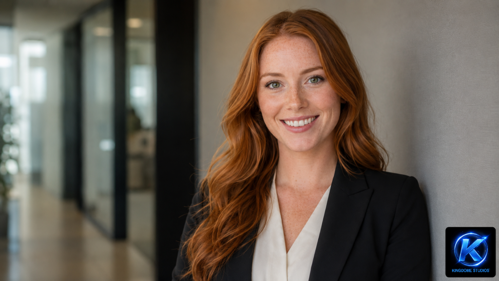 Professional headshot of a smiling woman with red hair and freckles in an office. Image style by The Best Photographer in Abbotsford BC, capturing a confident corporate look for a professional