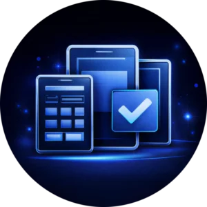 Shimmering blue emblem with high tech mobile screens for the professional and responsive mobile first solutions of a premier website design company in Abbotsford BC