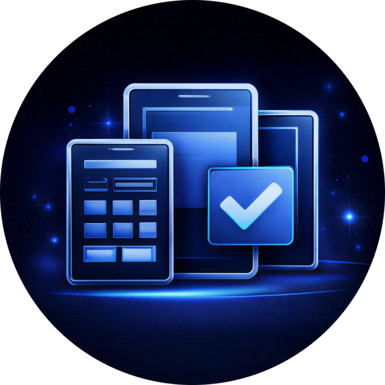 Shimmering blue emblem with high tech mobile screens for the professional and responsive mobile first solutions of a premier website design company in Abbotsford BC