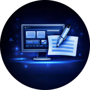 Sophisticated blue icon with a monitor and document for the high impact content writing and graphic design of a high end website design company in Abbotsford BC