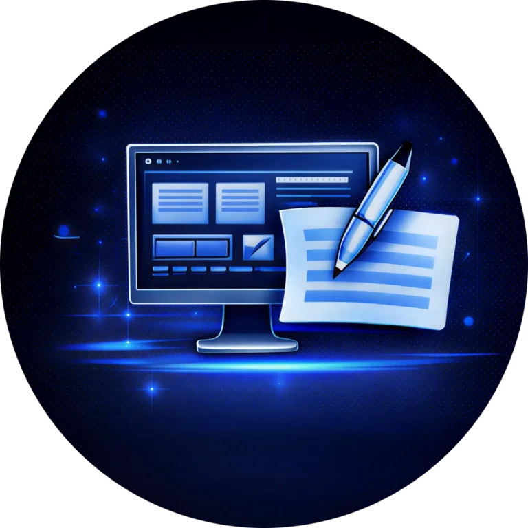 Sophisticated blue icon with a monitor and document for the high impact content writing and graphic design of a high end website design company in Abbotsford BC