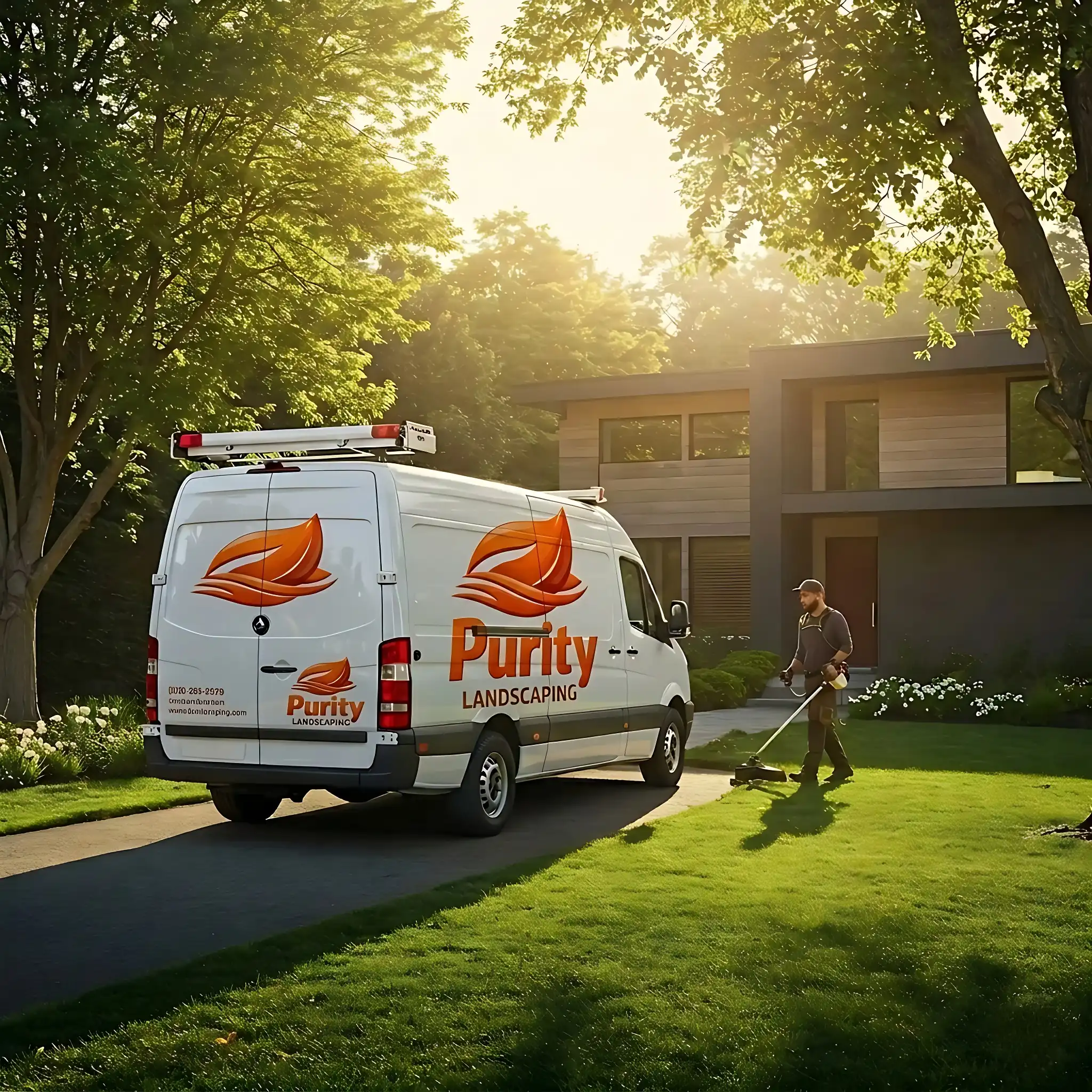 White Purity Landscaping van on a driveway, featuring its leaf logo and text branding, parked outside a modern house while a landscaper with a trimmer manicures the lawn during golden hour