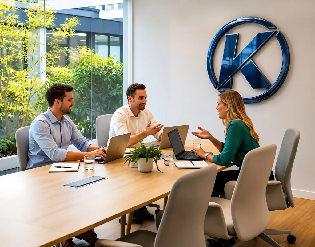 Kingdome Studios team meeting showcasing the best website design and media company agencys approach to innovative digital strategies and client partnerships in a modern dynamic office setting