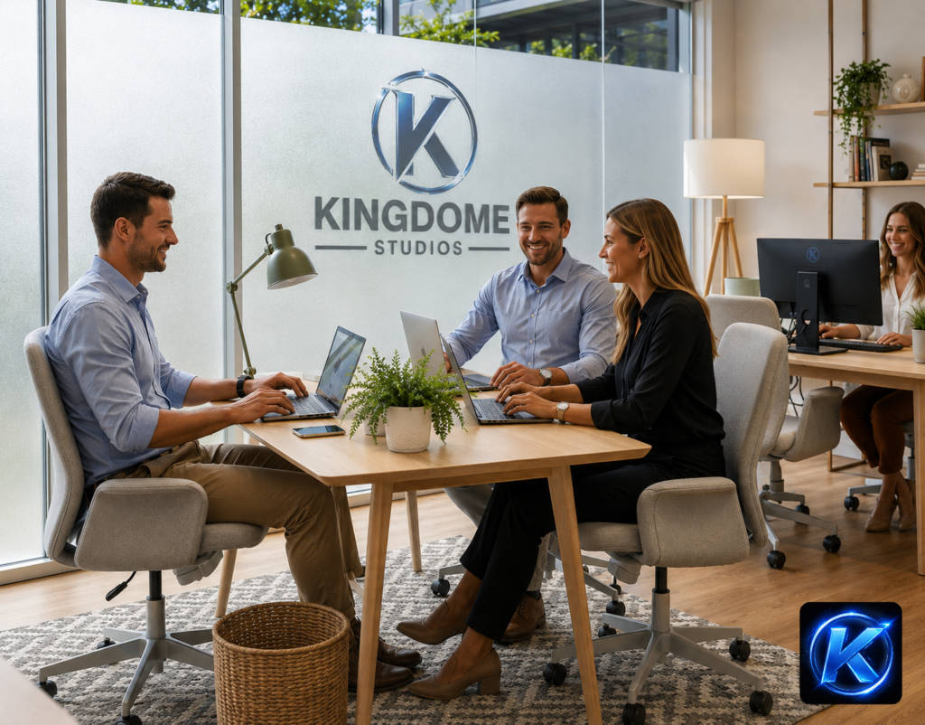 Team working at Kingdome Studios, a premier web design & media company in Abbotsford BC, collaborating with laptops in a bright, modern office space with a frosted logo window