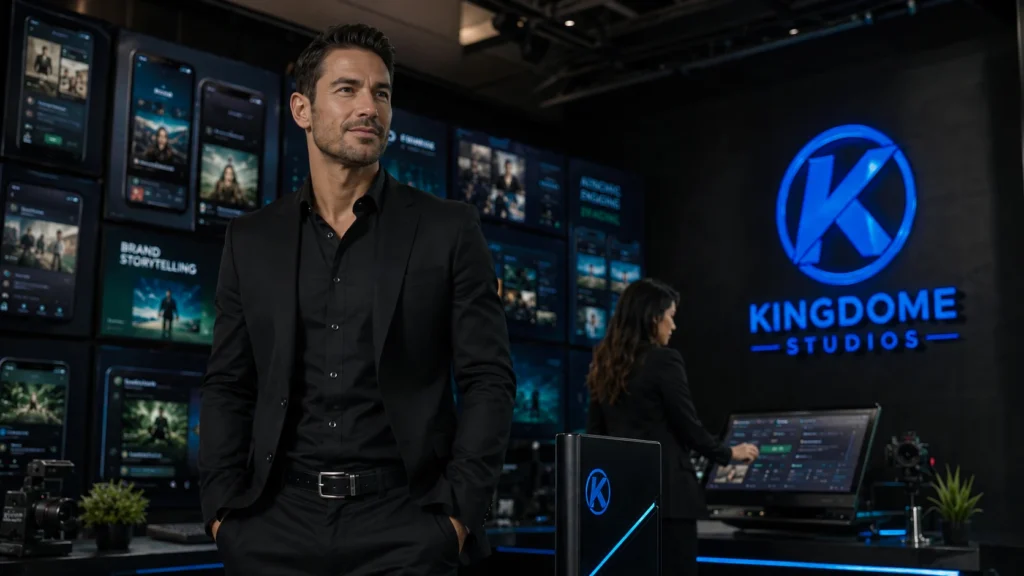Kingdome Studios media suite displaying Ultra-HD Next-Gen AI Commercial Animations across digital monitors behind a professional in a black suit